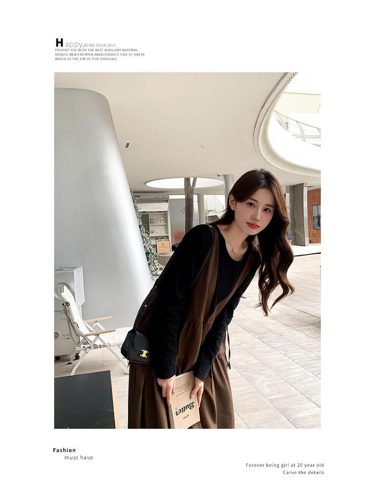 Khaki Faux Two-Piece Spliced A-Line Dress - Women's Mid-Length Spring 2025 French Sweet Style Pinafore Dress