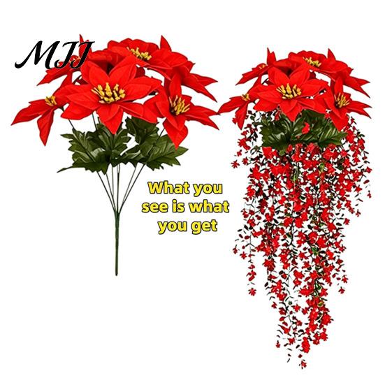 Pendant Bouquet for Window Christmas Poinsettia Hanging Garland, Artificial Silk Flowers with Red Berries Festive Balcony Ornament And Greenery, 85cm