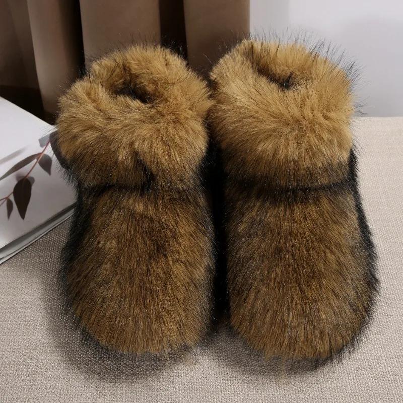 Modische Winterstiefel mit Kunstfuchs-Fell, für Damen, flauschiges Fell, Schneestiefel mit Plüschfutter, Slip-on, flache Gummistiefel für den Außenbereich, warme Damenschuhe