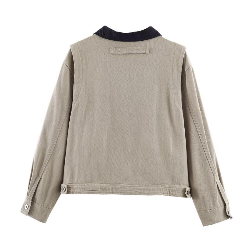 Womens Vintage Retro Cargo Jacket Loose Fit Long Sleeve Button Front Patchwork Casual Outerwear