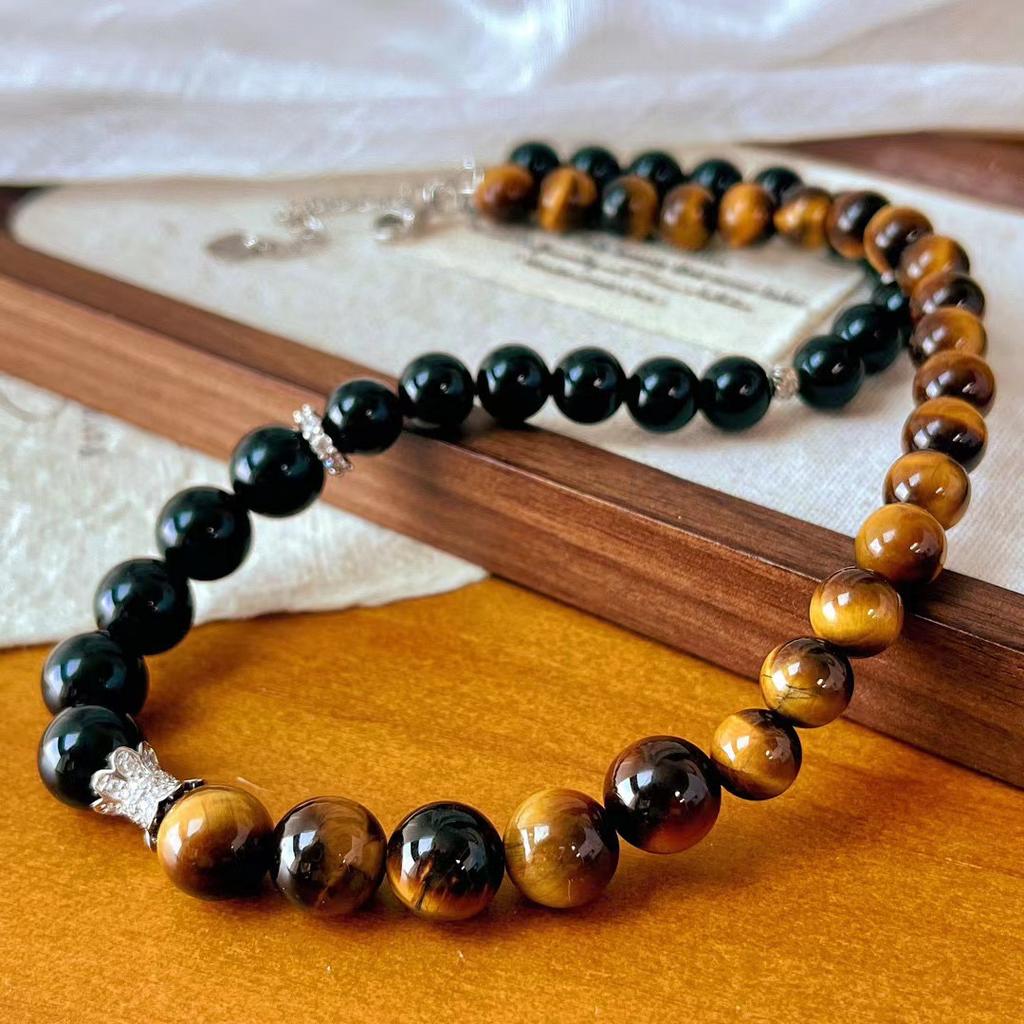 Vintage Maillard Style Natural Tiger'S Eye Stone Black Agate Contrasting Color Atmosphere Necklace Collarbone Chain