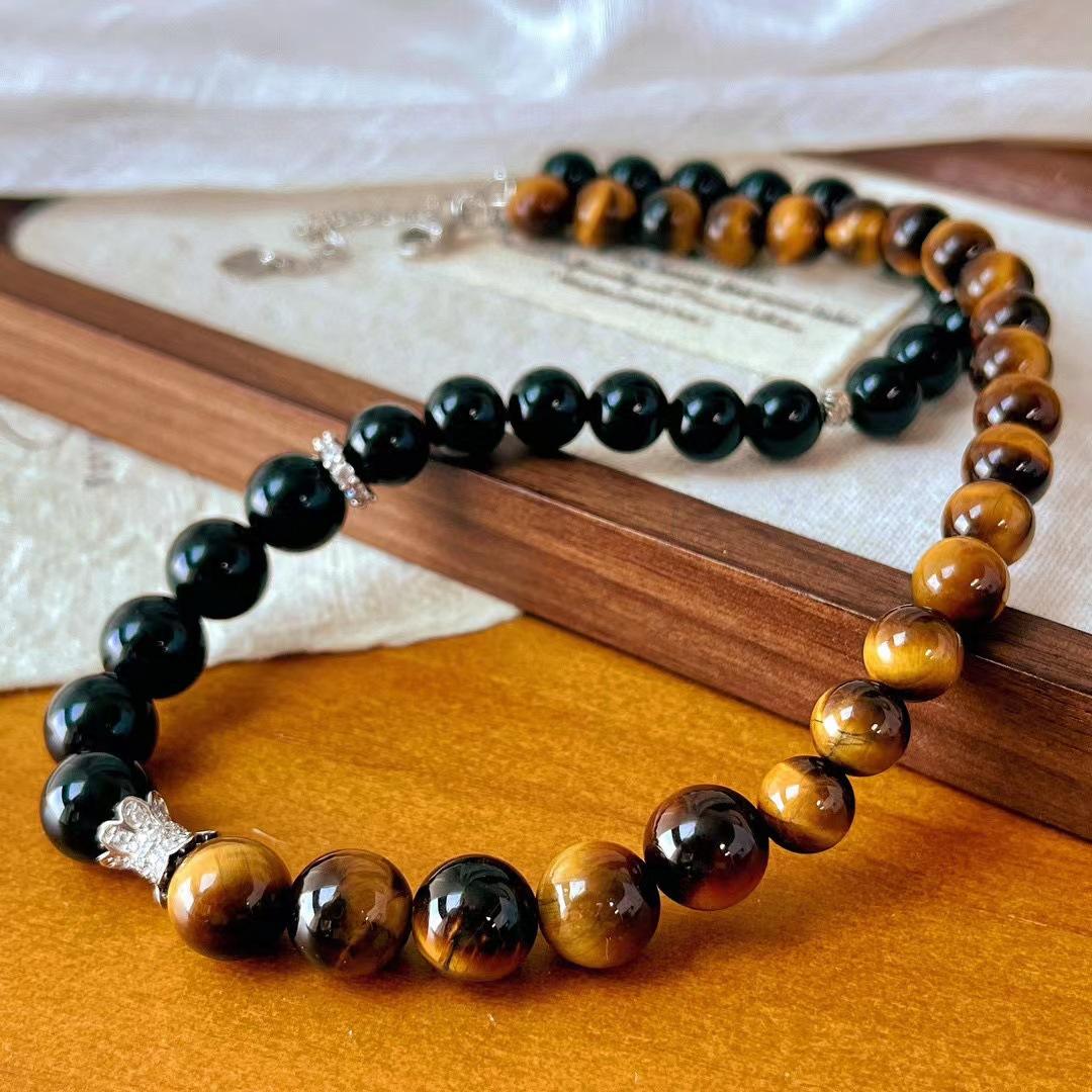 

Vintage Maillard Style Natural Tiger S Eye Stone Black Agate Contrasting Color Atmosphere Necklace Collarbone Chain