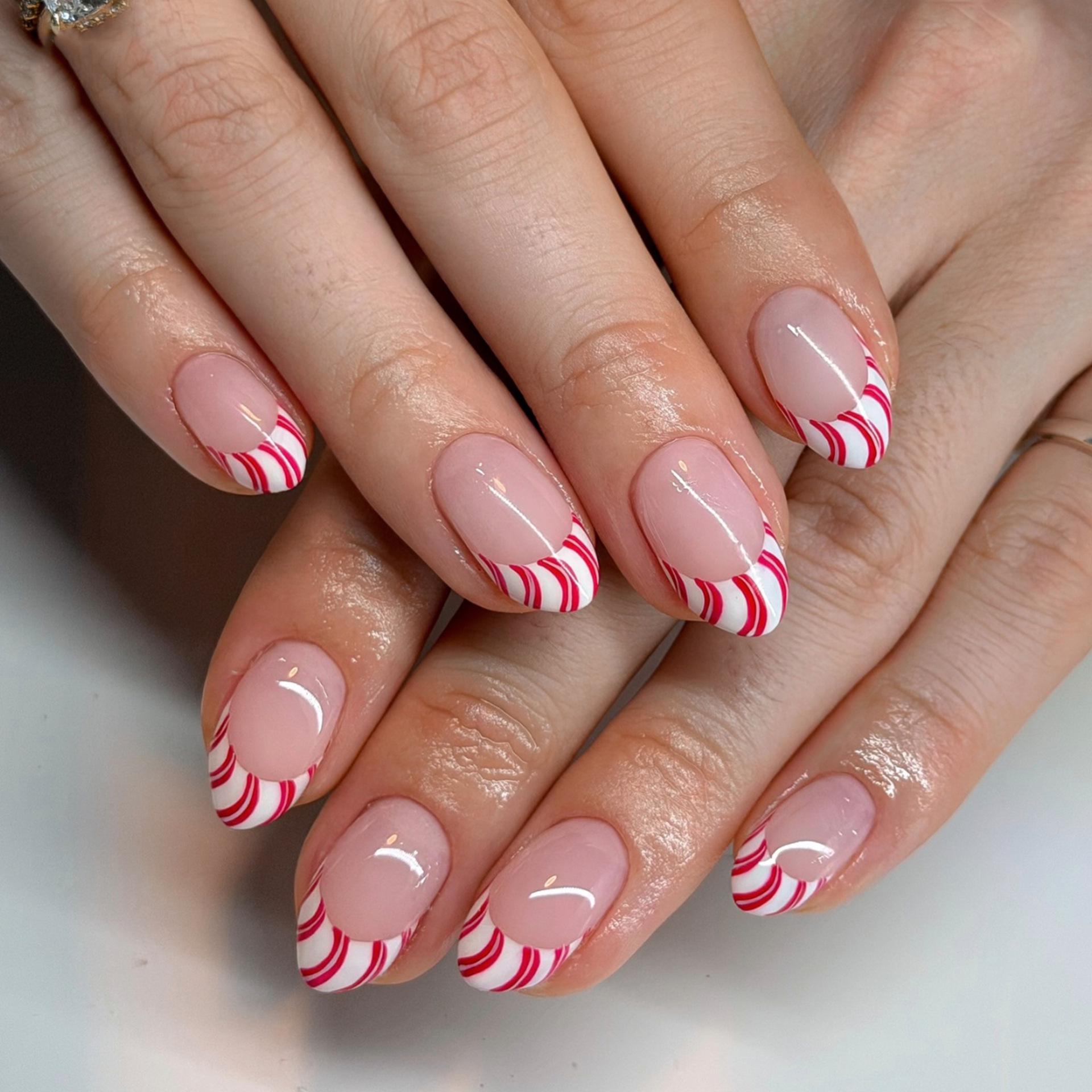 In-Stock Red & White Striped Oval Press-On Nails - 30 Piece French Manicure Set