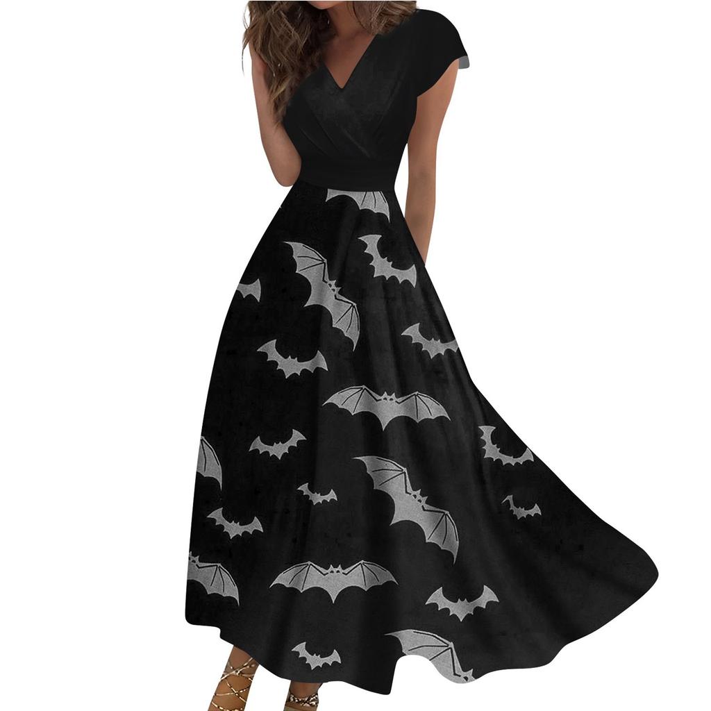 Women's Long Dress Maxi Dress Casual Dress Casual Short-Sleeve V Neck Boho Waist Halloween Printed Dress