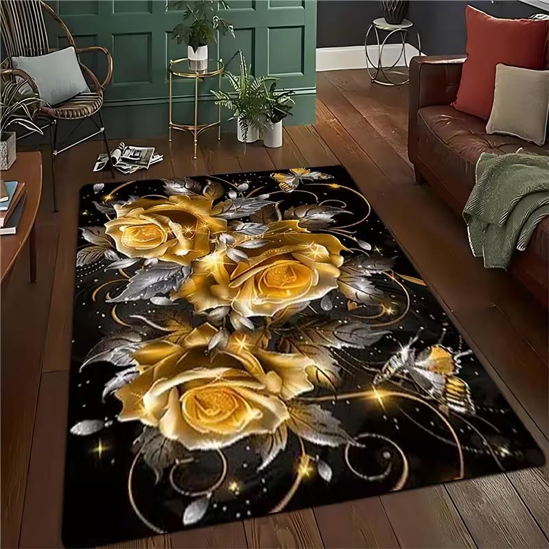 Tappeti per Area Tappeto per Pavimento Tappetino con Motivo Floreale Oro Rosa Tappetino Antiscivolo Stampato per Soggiorno Camera da Letto Cucina Decorazioni per la Casa