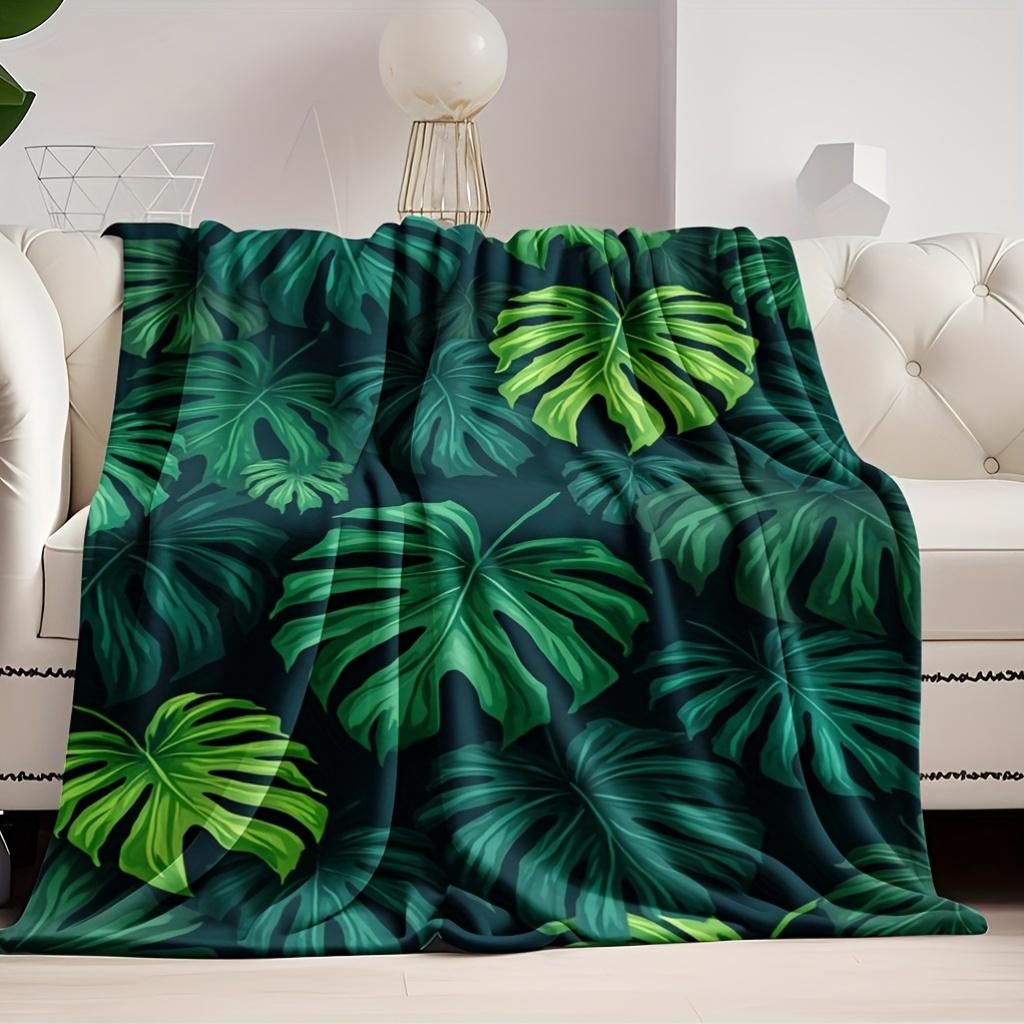 Tropical Rainforest Fleece Blanket - Soft Breathable All-Season Bedspread with Monstera Leaf Pattern, Green & Dark Green Tropica