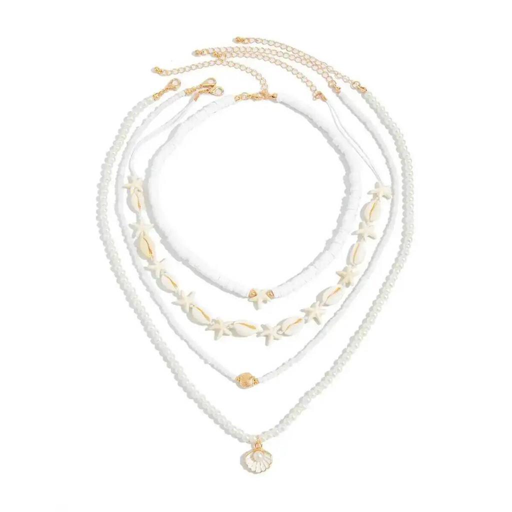 SHIXIN 4Pcs Boho Exquisite Imitation Pearl Scallop Starfish Pendant Necklace Women New Charm Clavicle Bead Chain Jewelry Gifts