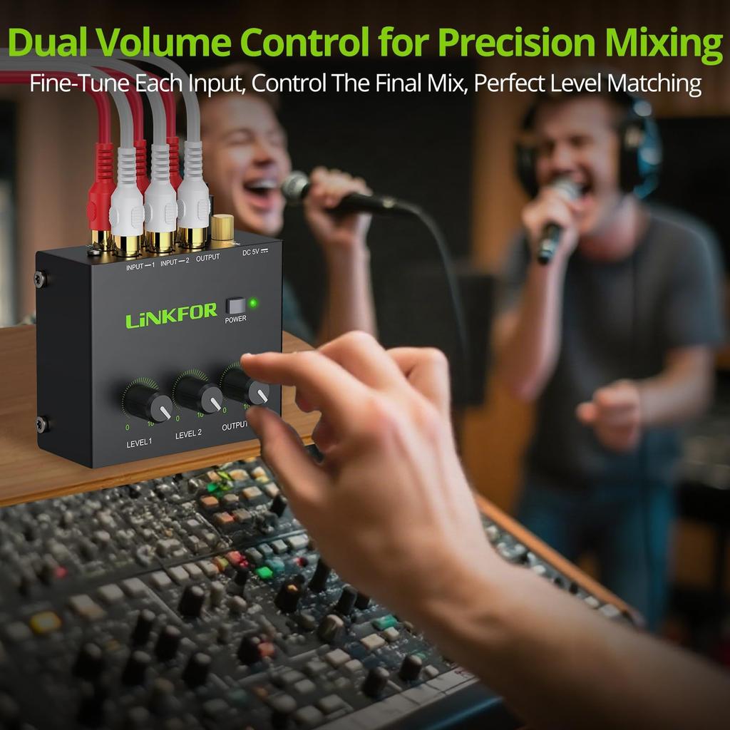 LiNKFOR Audio RCA Mini Stereo Mixer with Volume Metal Japanese Instruction Manual Included Mixer, 2-Channel Control, Gold-Plated Terminals, Case,