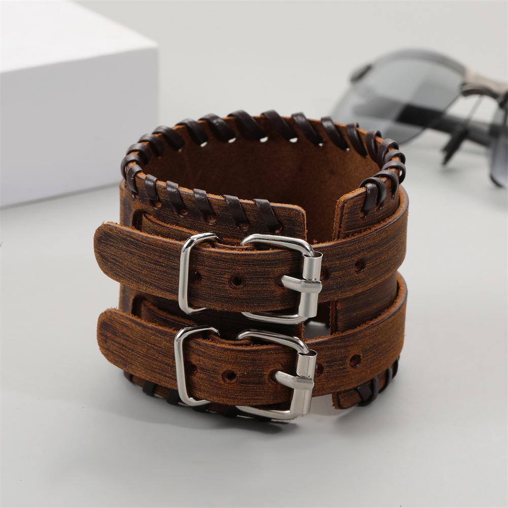 Men's European & American Retro Genuine Leather Punk Braided Bracelet - Multi-Layer, Adjustable.