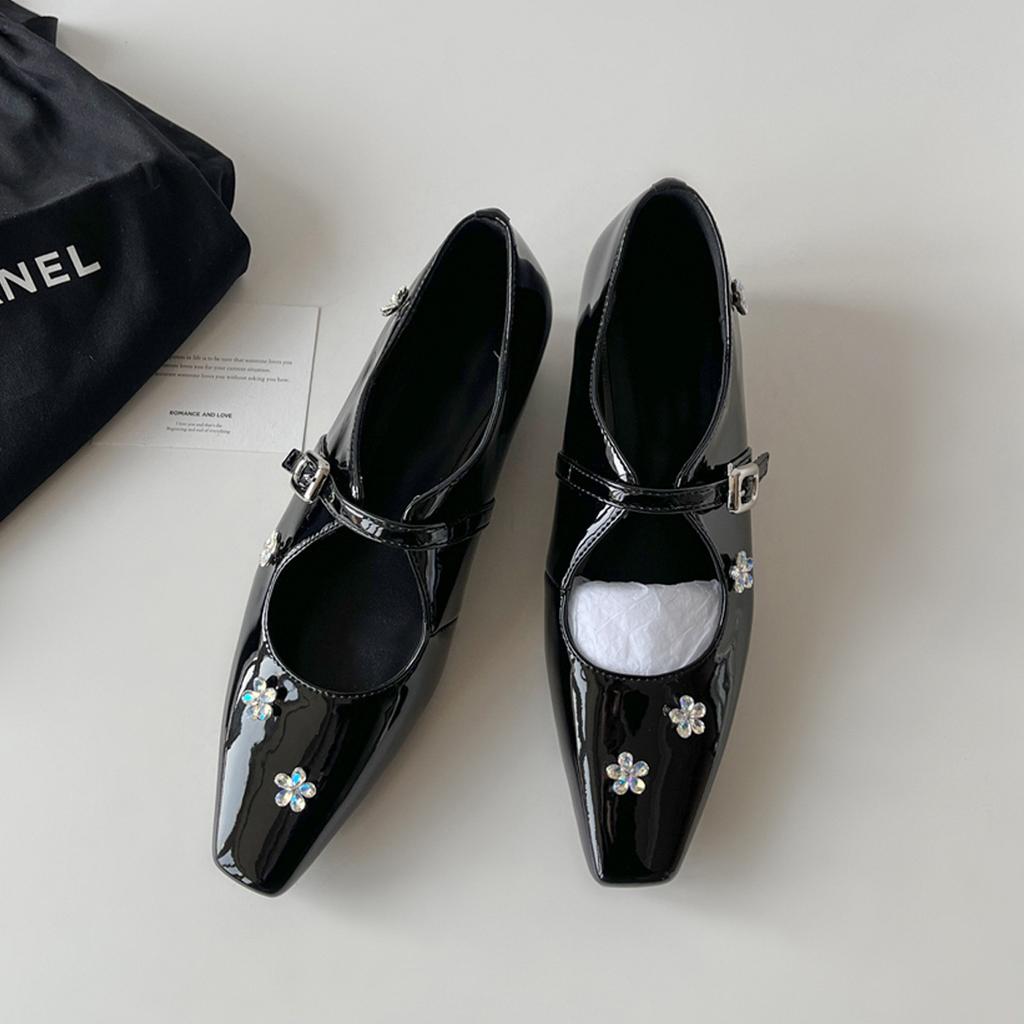 Sheepskin version~ French rhinestone flower inner height increase small square head light mouth single shoes women's word with silver Mary Jane shoes