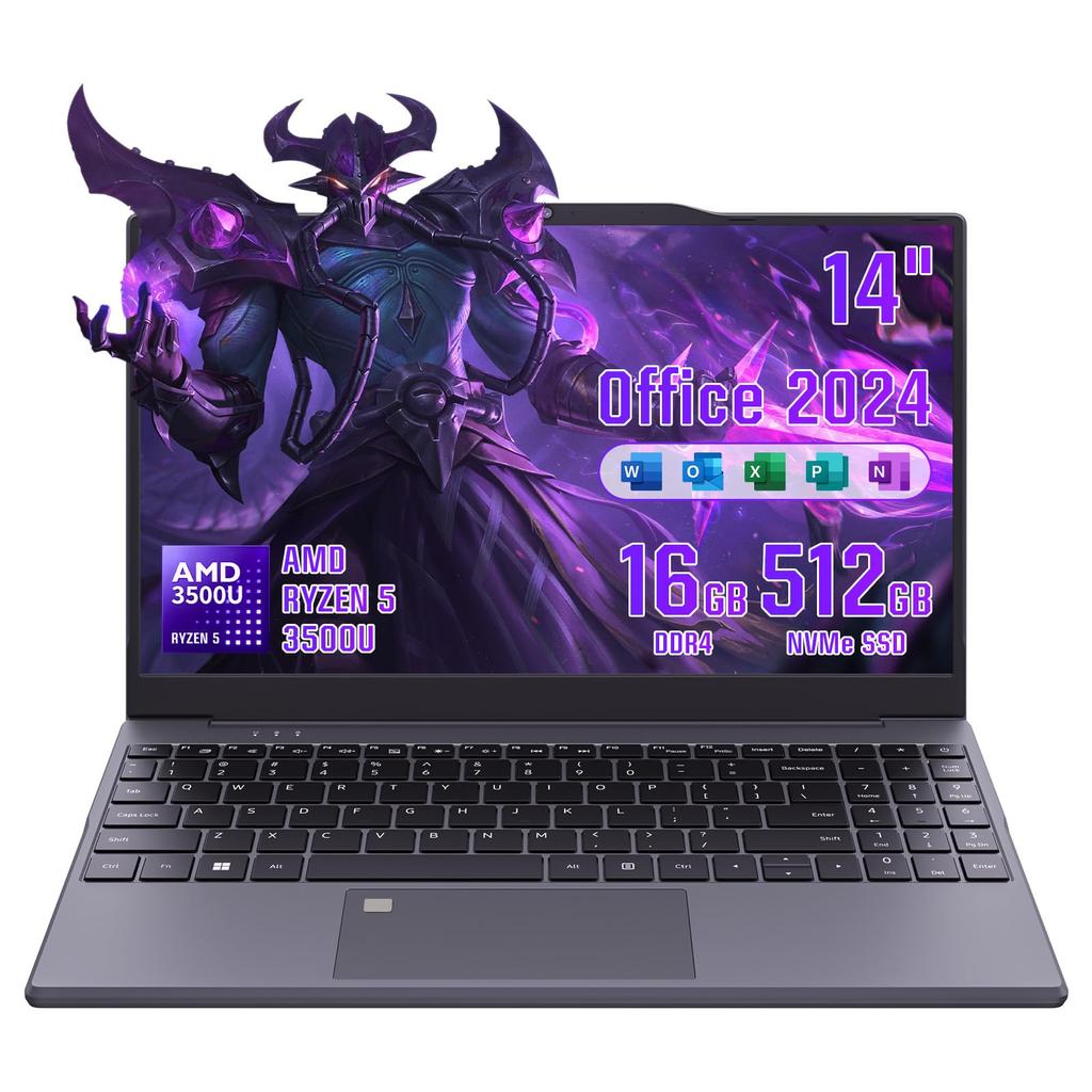 Laptop AMD Ryzen 5 cu Office 2024 mai rapid decât cel ușor și silențios FHD 16GB NVMe 2MP amprentă Bluetooth și Windows 11 Pro R5 16GB 14 inch