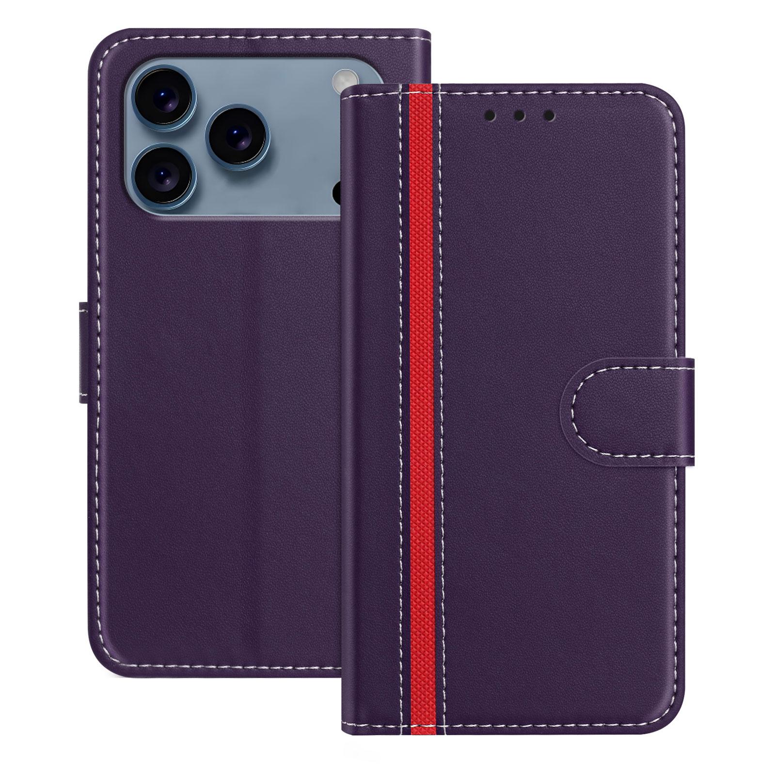 

For iPhone 17 Pro Phone Cases Wallet Stand Color Splicing Leather Cover with Magnetic Clasp Purple