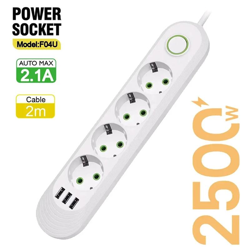 2500W EU Plug AC Outlet Multiprise Power Strip 2m Extension Cord Electrical Socket Network Filter With USB Ports Fast Charging