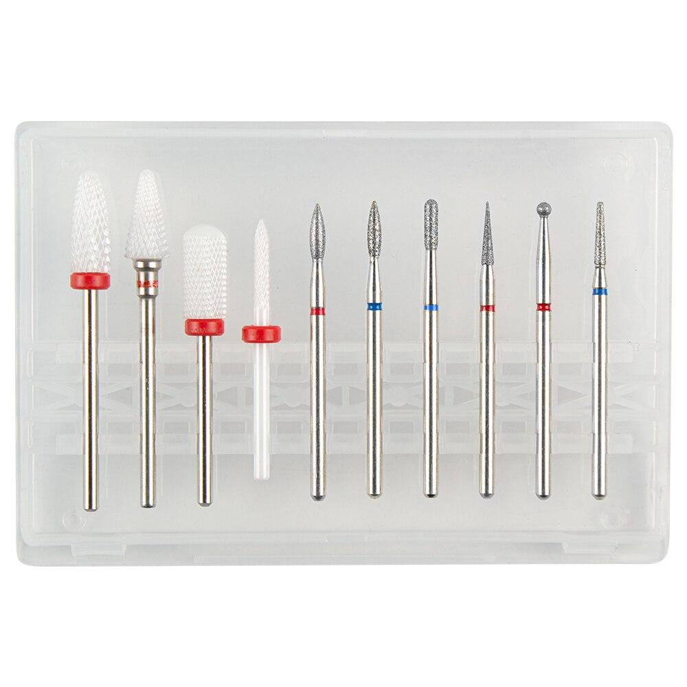 Sada 10ks fréz na manikúru Keramické vrtáky na nehty Čistič kartáč Diamantový mlýnek Příslušenství pro odstranění gelového laku