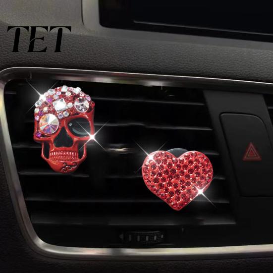 Creative Gifts for Car Owners 2 Pcs Bling Skull Heart Air Vent Clips, Rhinestone Shiny Freshener Clip Dashboard Trim Clip, Funny Head Auto Interior