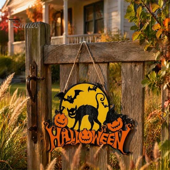 Handmade Hemp Rope Pendant Halloween Wood Door Hanger Sign, Pumpkin And Black Cat Printed, with Unique House Ornament Lanyard, Decorative Wall