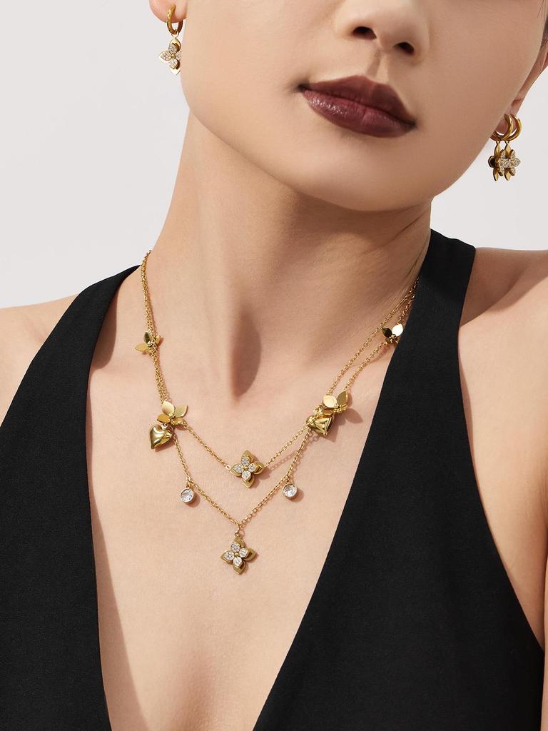 18K Gold Plated Stainless Steel Jewelry Set with Zirconia - Necklace, Bracelet, Earrings - European American Fashion Style.