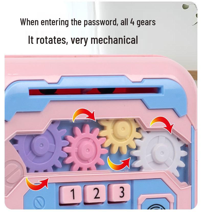 Children’s Mechanical Gear Piggy Bank with Automatic Bill Rolling, Password Lock, Music, and Card Reading Door