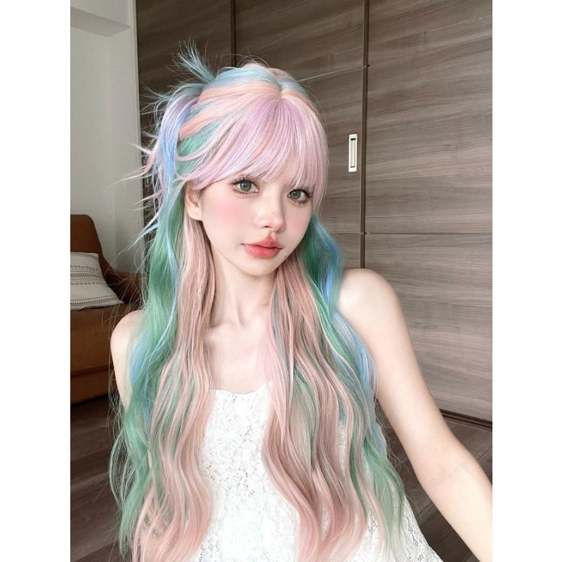 28Inch Iridescent Rainbow Color Multicolour Synthetic Wigs with Bang Long Natural Wavy Hair Wig for Women Cosplay Heat Resistant