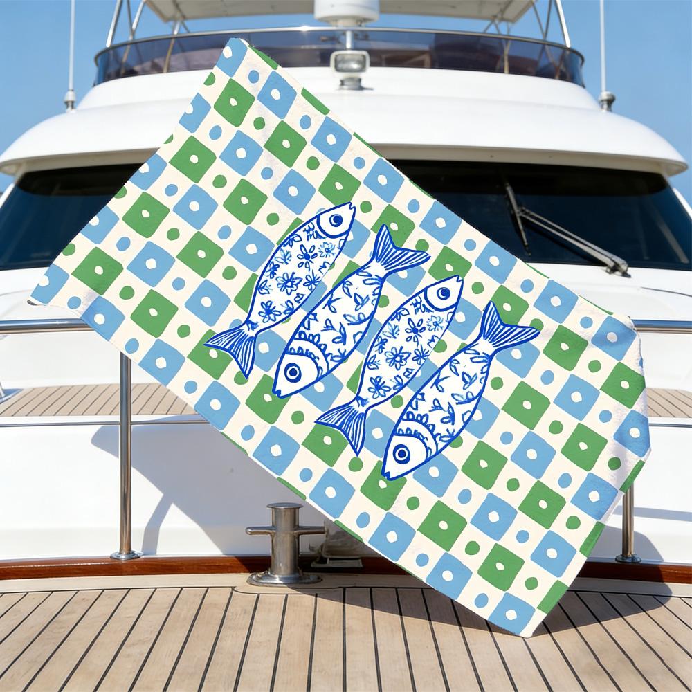 Mediterranean Fish Beach Towel – Oversized Quick Dry Sand Free with Blue & Green Geometric Print