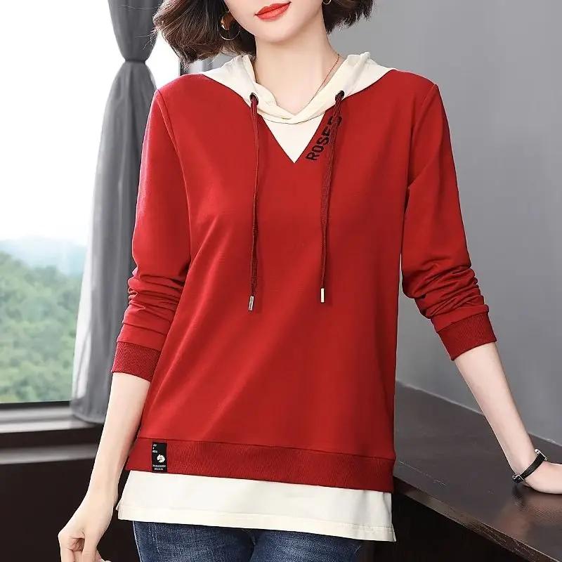 Female Fashion Casual Solid Color Spliced Hooded T-shirt Autumn Commute Simplicity Fake Two Pieces Tops Women's Clothing A794
