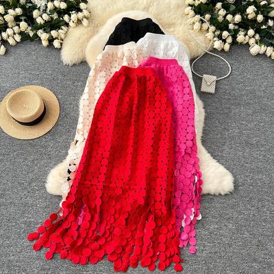DIMANAF 2025 New Skirt Women Knitting Lace Long Holiday Solid Hollow Out Sexy Dot Summer Style Loose Basic Dress