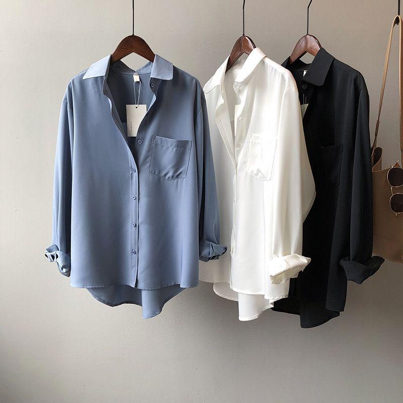 Women's Loose Gray-Blue Long-Sleeve Shirt - Niche Korean Hong Kong Style for Spring and Autumn