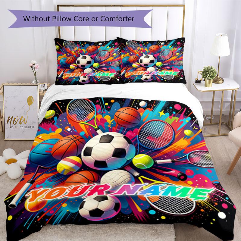 3PC Custom Name Sports Ball Celebration Bedding Set Duvet Cover Closure Includes 1 Duvet Cover & 2 Pillowcases for Bedroom