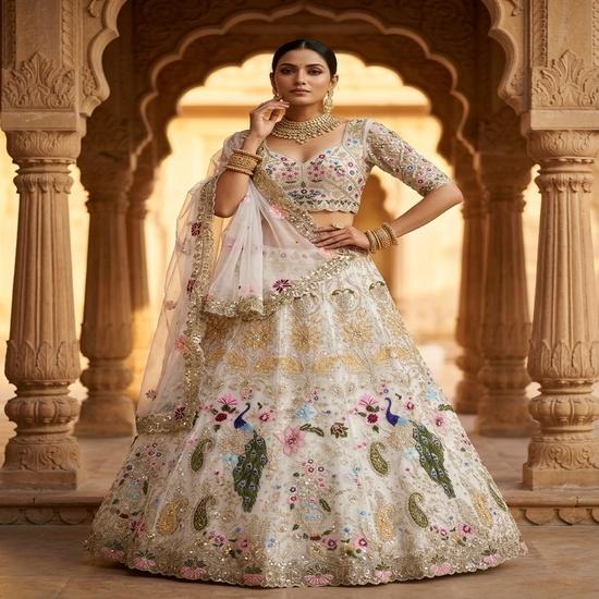Women s Premium Organza Silk Embroidered Peacock Designer Semi-Stitched Lehenga Choli Set with Dupatta FREE SIZE белый