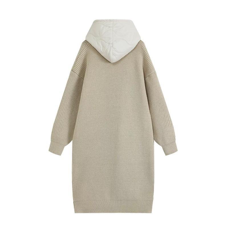 Womens Oversized Hooded Longline Knit Coat Winter 2026 Warm Cotton-Padded Casual Outerwear