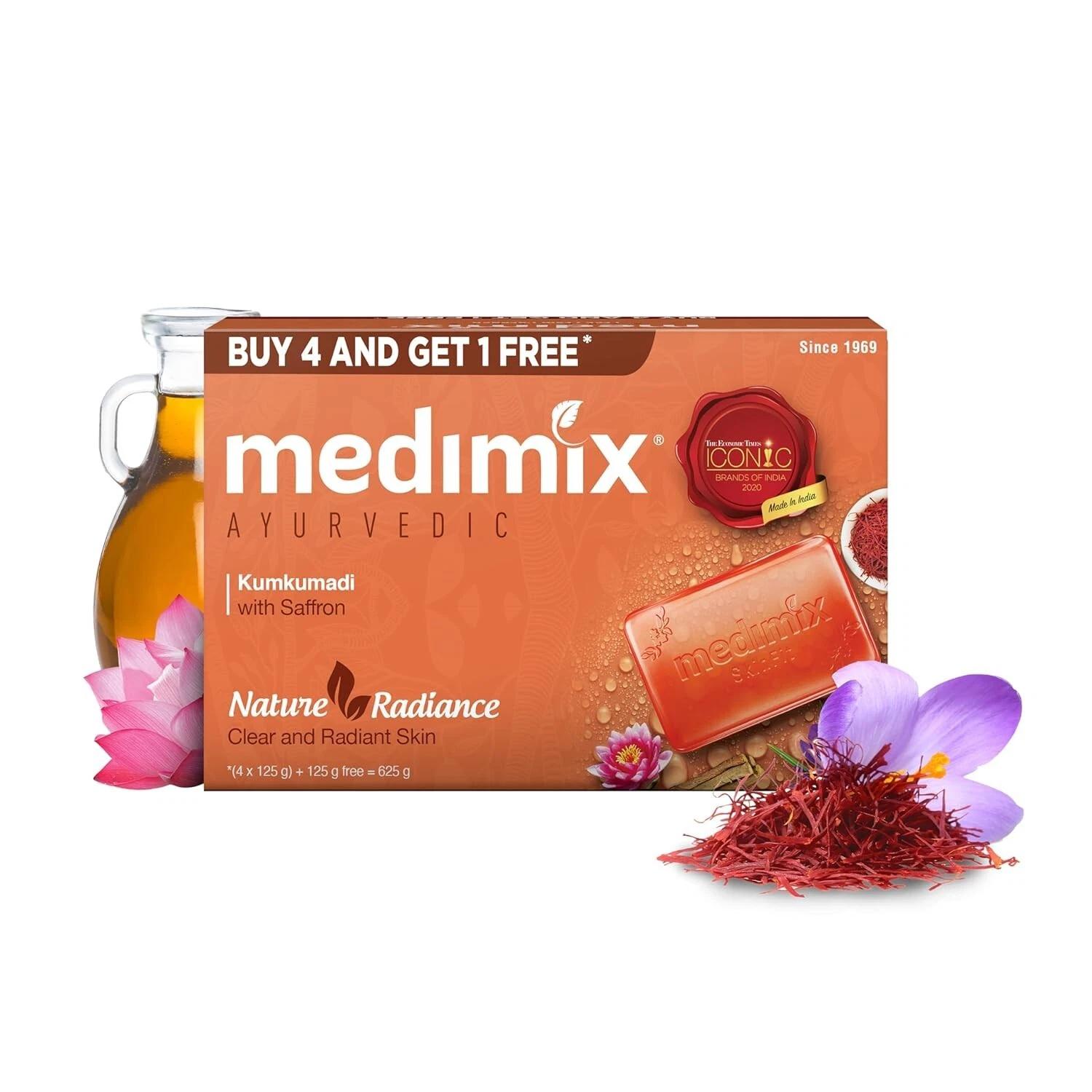 

Medimix Ayurvedic Kumkumadi Bathing Soap Bar With Saffron For Radiant Glow & Moisturised Skin | Natural Herbal Paraben-Free Vegan | 125Gm x 5 Soap