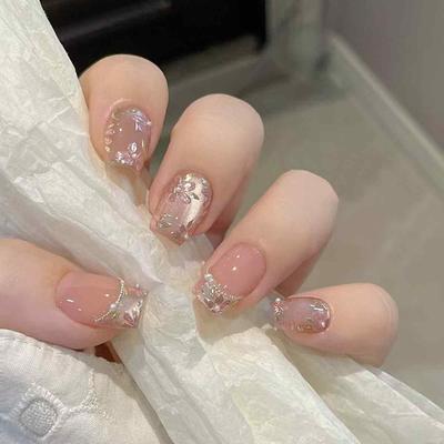 24 Stück Nägel für Mädchen, Press-On-Nägel-Set, Florale Katzenaugen-Perlen-French-Nägel, Nagelverlängerungen für Frauen, Klebenägel mit Anwendungswerkzeugen