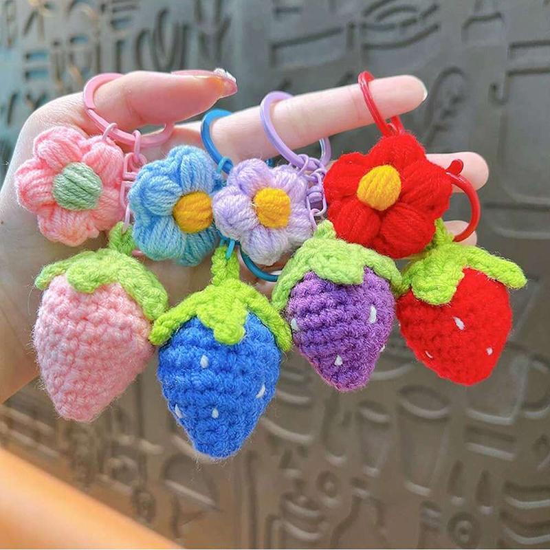 Cute Hand Woven Woolen Strawberry Flower Keychain Car Key Jewelry Pendant Women's Bag Decoration for Girls Gift