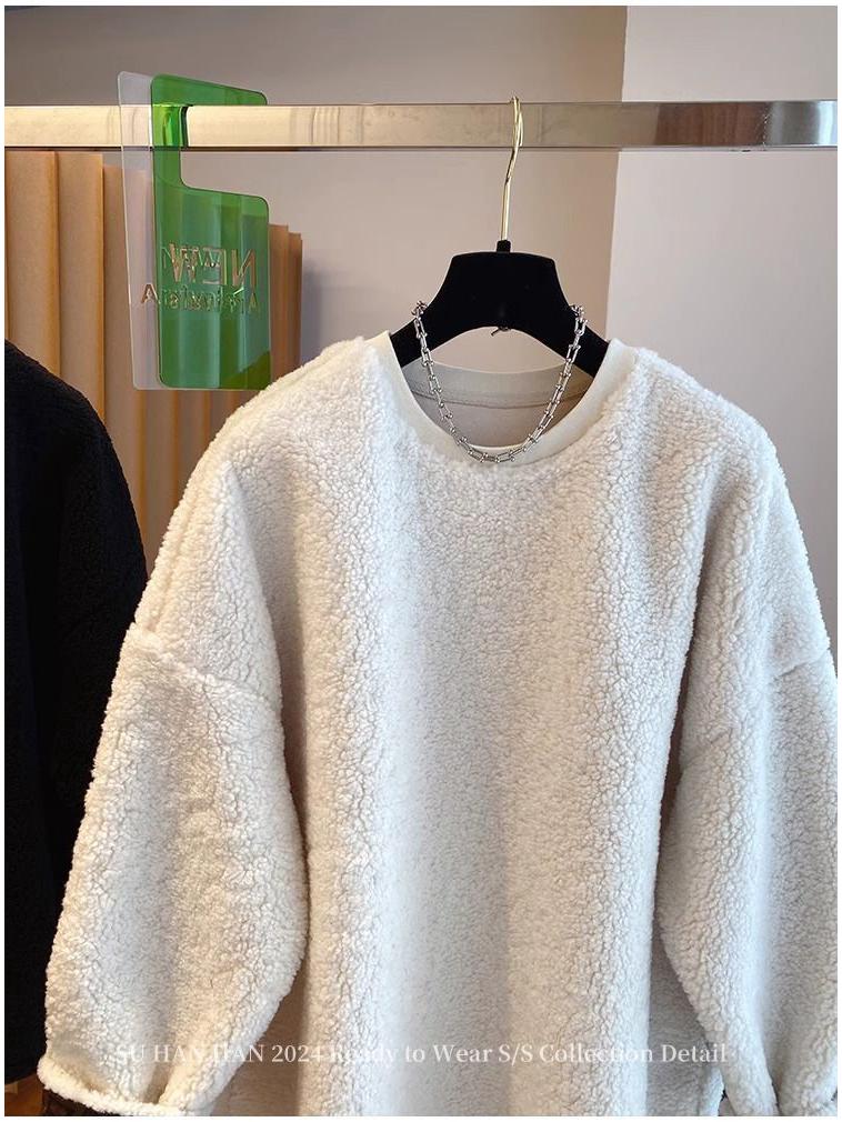 High-End Lazy Style Round Neck Sweatshirt - Imitation Lamb's Wool, Solid Color, Thickened for Autumn/Winter, 2025 Collection.