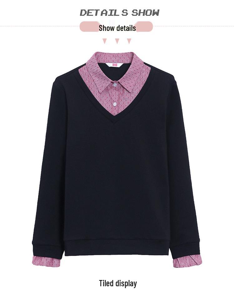 Khmer Farbblock-Revers Zweiteiliger Look Damen Langarm Herbst/Winter Pullover-Shirt