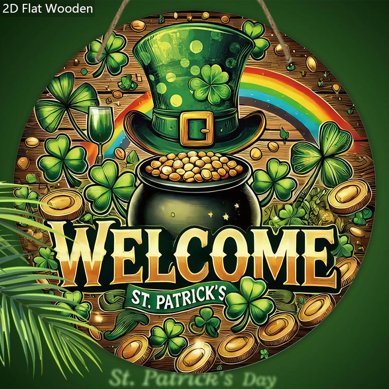 St. Patrick's Day Pot of Gold Welcome Wooden Sign, Round Front Door Decor, Lucky Clover & Rainbow Wall Hanging - Ideal for St. Paddy's Day