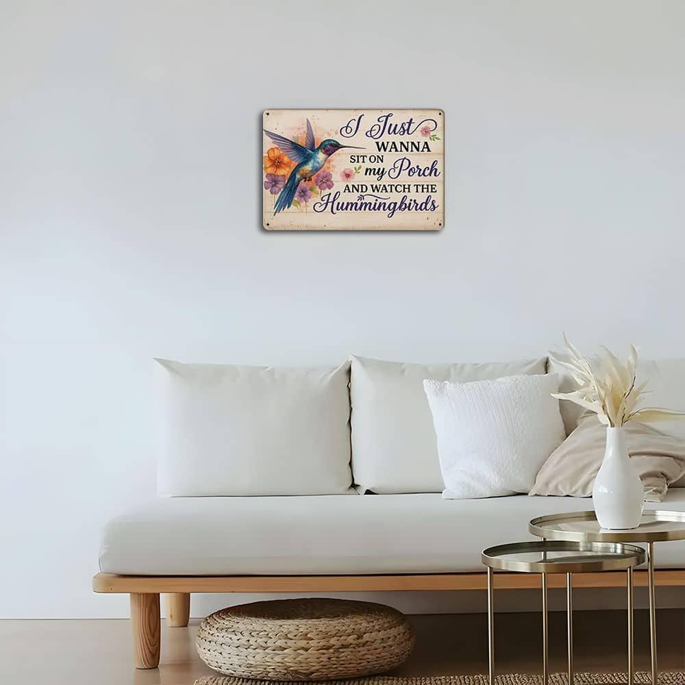 Hummingbird Porch Sign - Vintage Metal Art with Floral Design for Rustic Home Decor