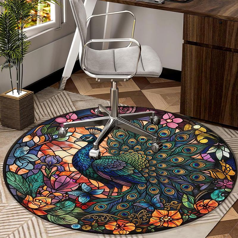 Blue Peacock Floral Art Round Carpet Chair Cushion Round Entryway Rug, Soft Round Rugs for Living Room, Bedroom, Circle Carpet Decor Gifts