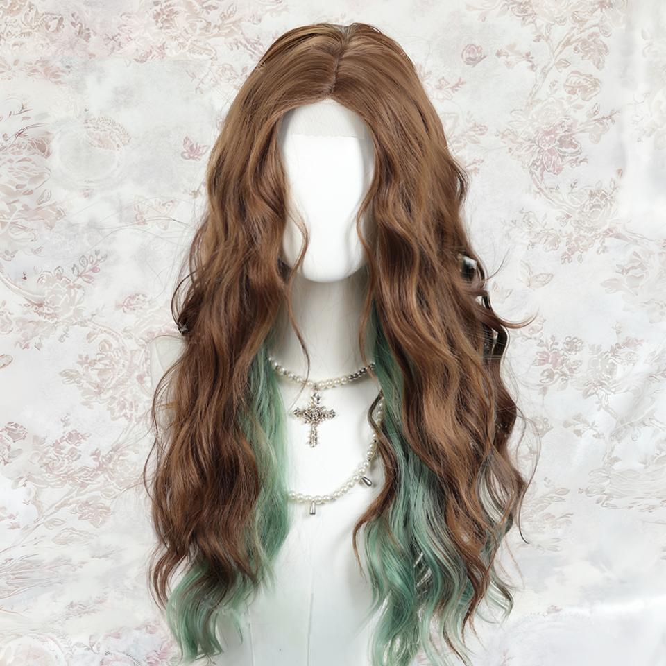 

Синтетический длинный кудрявый парик с кружевом на лбу, женский парик с зелеными прядями, длинный волнистый кудрявый парик, подходит для праздников и повседневной носки 70CM