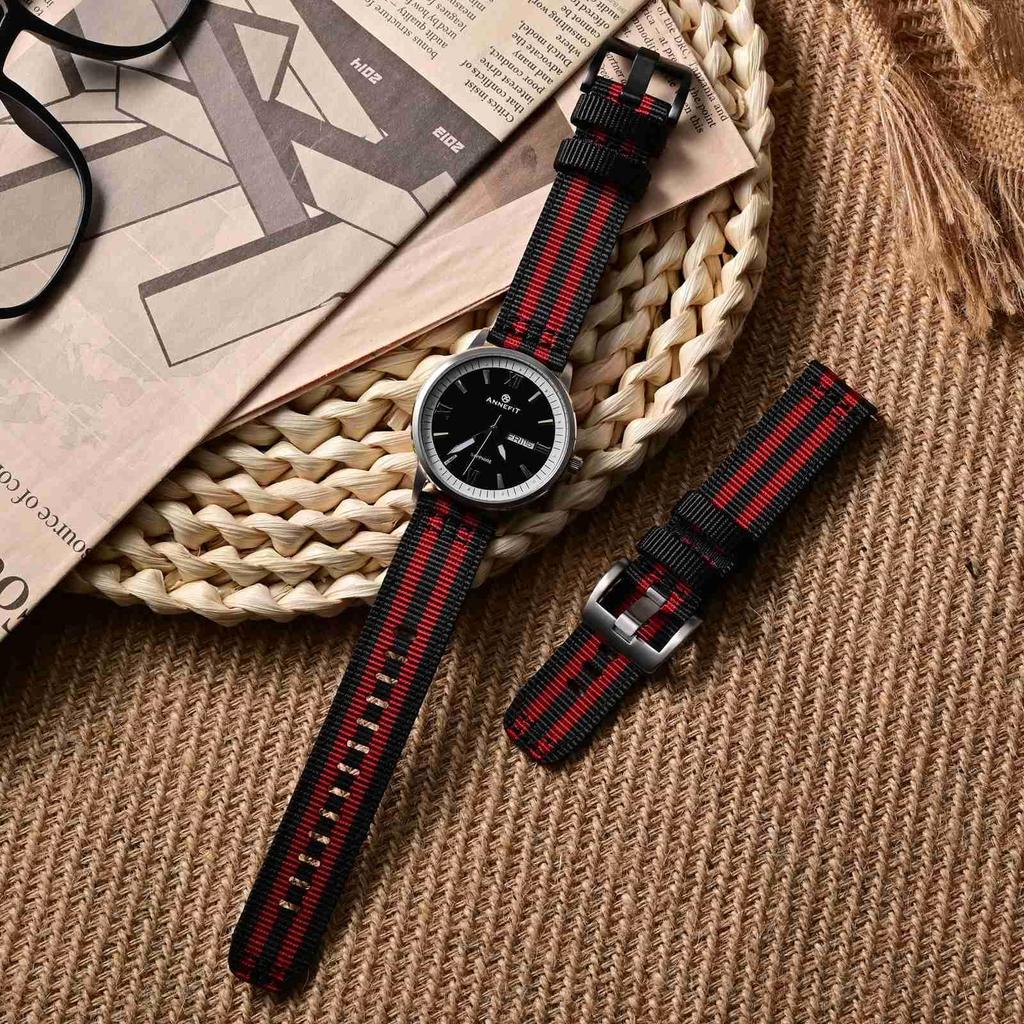 Nylon Watch Military Watch Replacement Fabric Double Strap Nylon Quick Buckle [ANNEFIT] Band, Band, 18mm, Belt, Release, Black/Red/Black