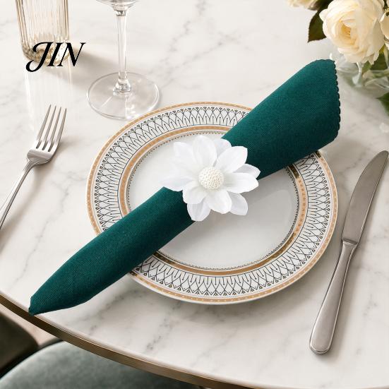 Luxury Table Decor 6Pcs White Lotus Napkin Rings, Chiffon Flower Metal Ring Holders, Faux Wedding Rings Pearl Dinner for Bridal Shower Reusable