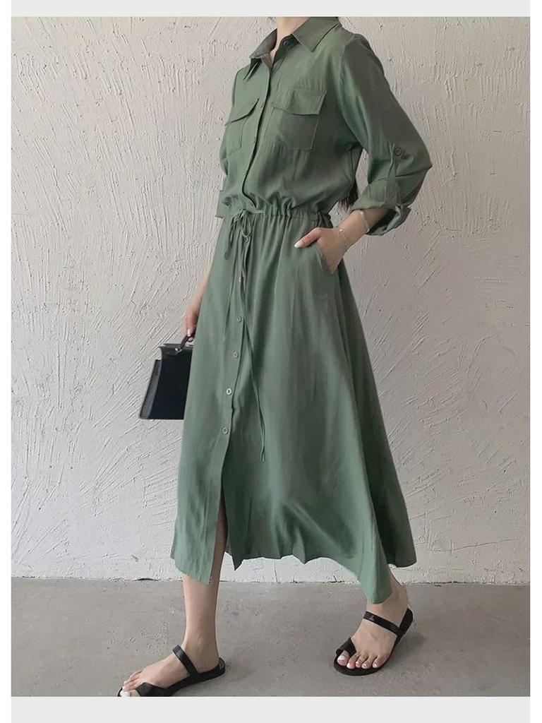 2024 Japanese & Korean Style Sleeveless Pocket Long Swing Casual Lapel Shirt Dress