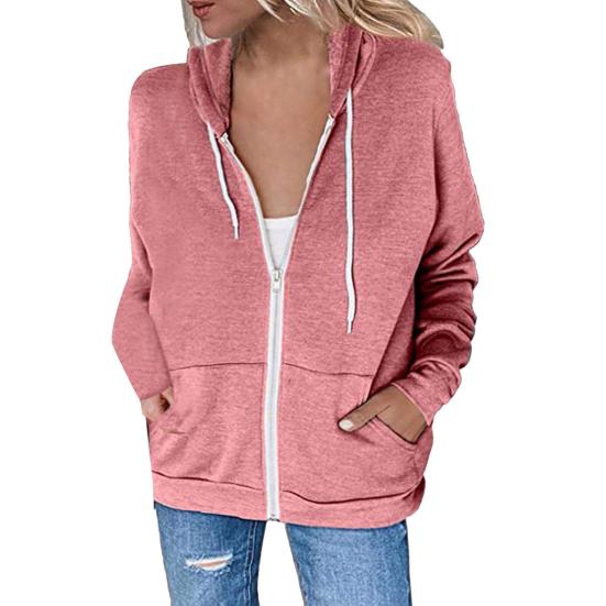 Spring Autumn Women Solid Color Sweatshirt Coat Hooded Drawstring Long Sleeve Pockets Zipper Placket Thickened Outerwear