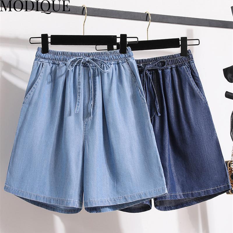 MODIQUE Women's Denim Shorts Summer Plus Size New Loose Casual Solid Color A-Line Denim Short Pant Female High Waisted Hotsweet Blue Trousers Blue