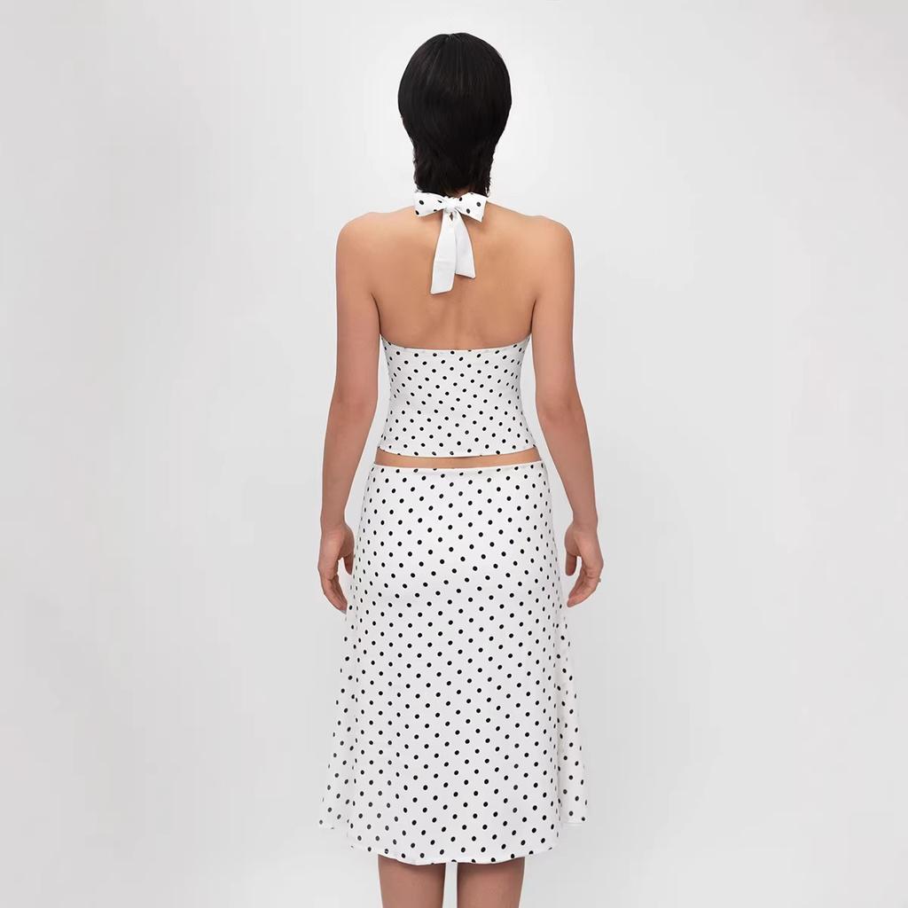 Summer Polka Dot Matching Set Sexy Tie-front Halter Top Low-waist Midi Skirt Y2K Hot Girl Outfit For Women