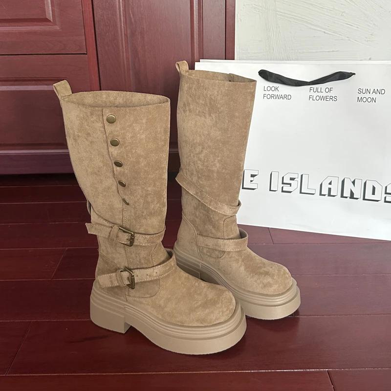 Fashion Street Style Fashion Belt Buckle Knee High Boots Women Platform Heels Shoes Design Elegant Knight Long Boot