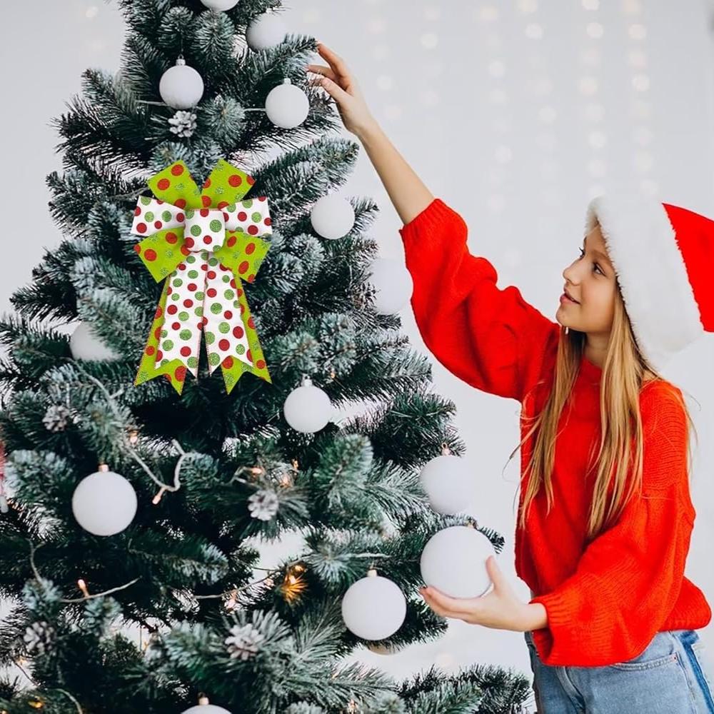 2PCS Christmas Bows for Wreath Glitter Red and Green Polka Dots Bow for Décor Winter Bow for Tree Topper Decor Supplies Ornament