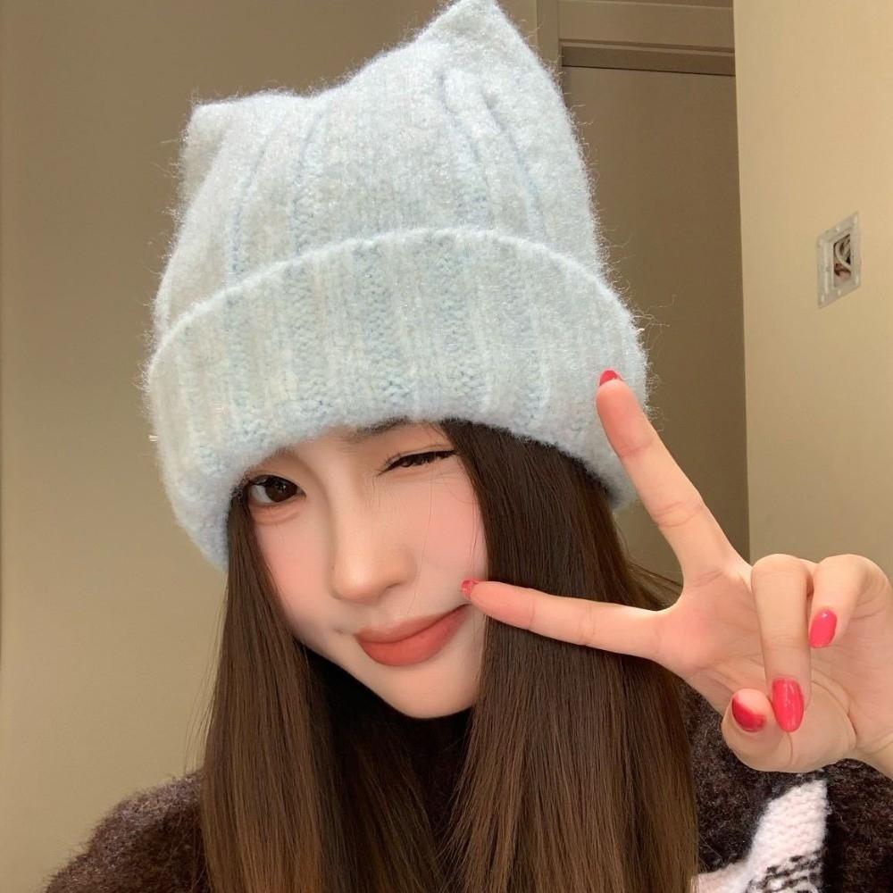 Cat Ear Stretchy Beanie Hat Solid Color Winter Warm Hat Soft Ribbed Knitted Beanie For Women