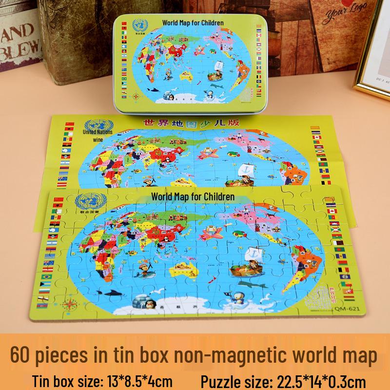 

Магнитный деревянный пазл «Карта мира» в жестяной коробке: 3D развивающая игрушка для детей