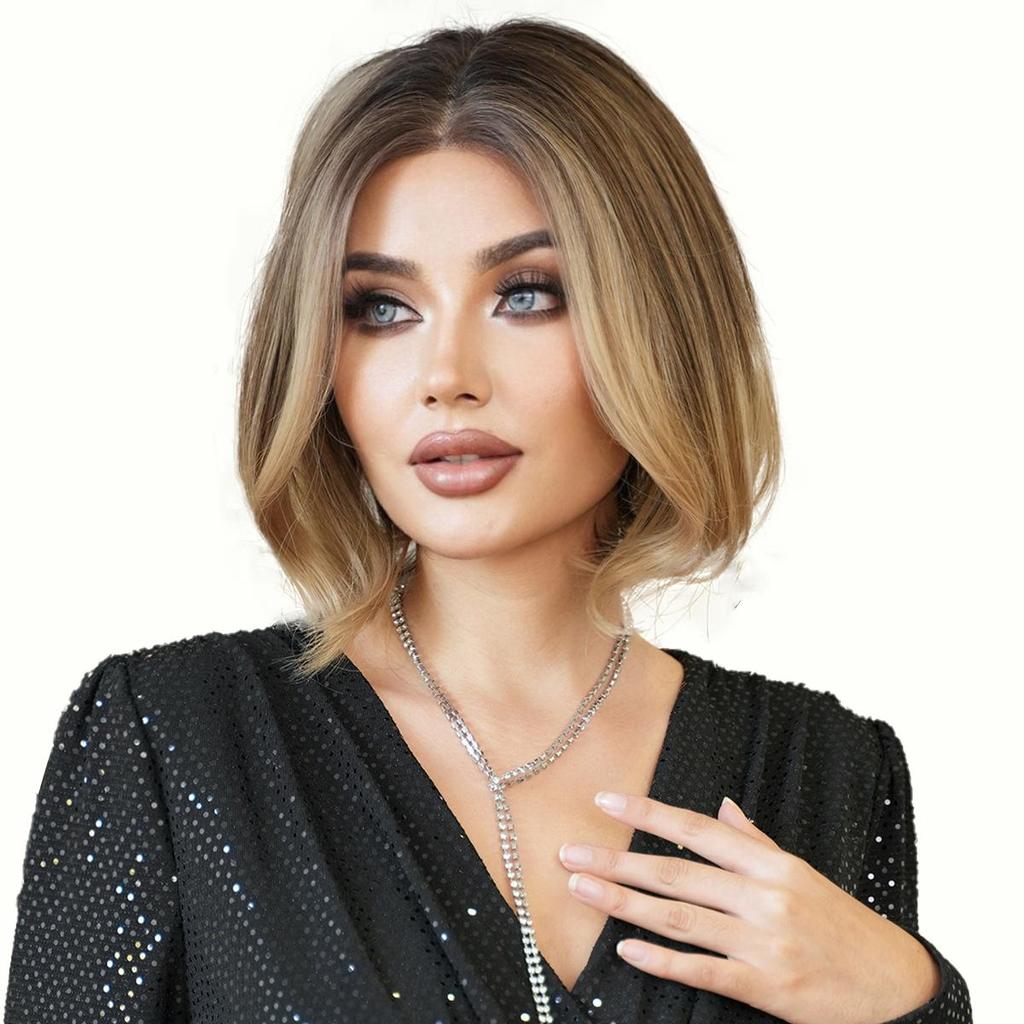 13x1 T-Part Lace Bob Perücke - Rooted Shadow Blonde Kurze Locken, Hitzebeständiges Kunsthaar mit natürlichem Look